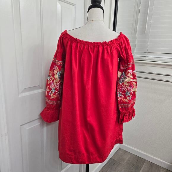 Free People Off Shoulder Embroidered Boho Dress S Red Floral Festival Gypsy Chic - Picture 6 of 12